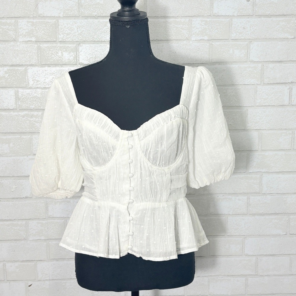 ASTR Corset Peplum Puff Sleeve Top Large Swiss Dot Coquette Renaissance Milkmaid - Picture 2 of 13